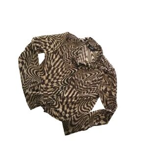 Just‎ Polly Brown Psychedelic Swirl Mesh Button Down Long Sleeve Top Y2K Style